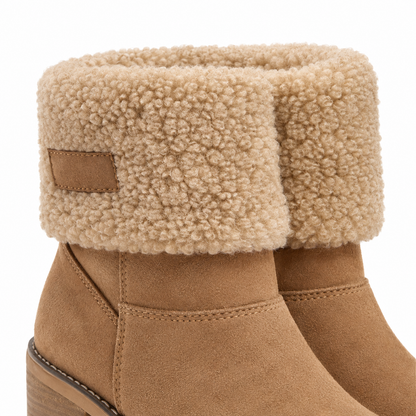 Aspen Faux-Shearling Cuff Ankle Boots - Camel, fleece cuff close-up