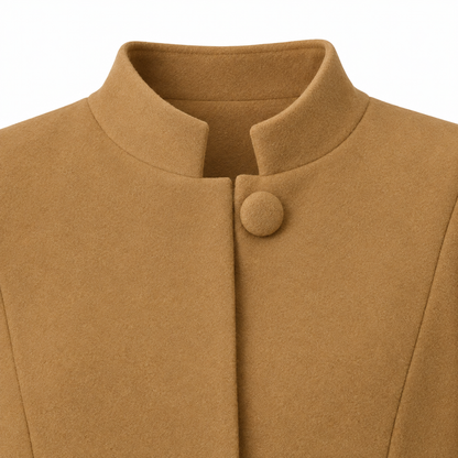 Vivian Stand-Collar Longline Jacket - Camel, stand collar and covered button close-up
