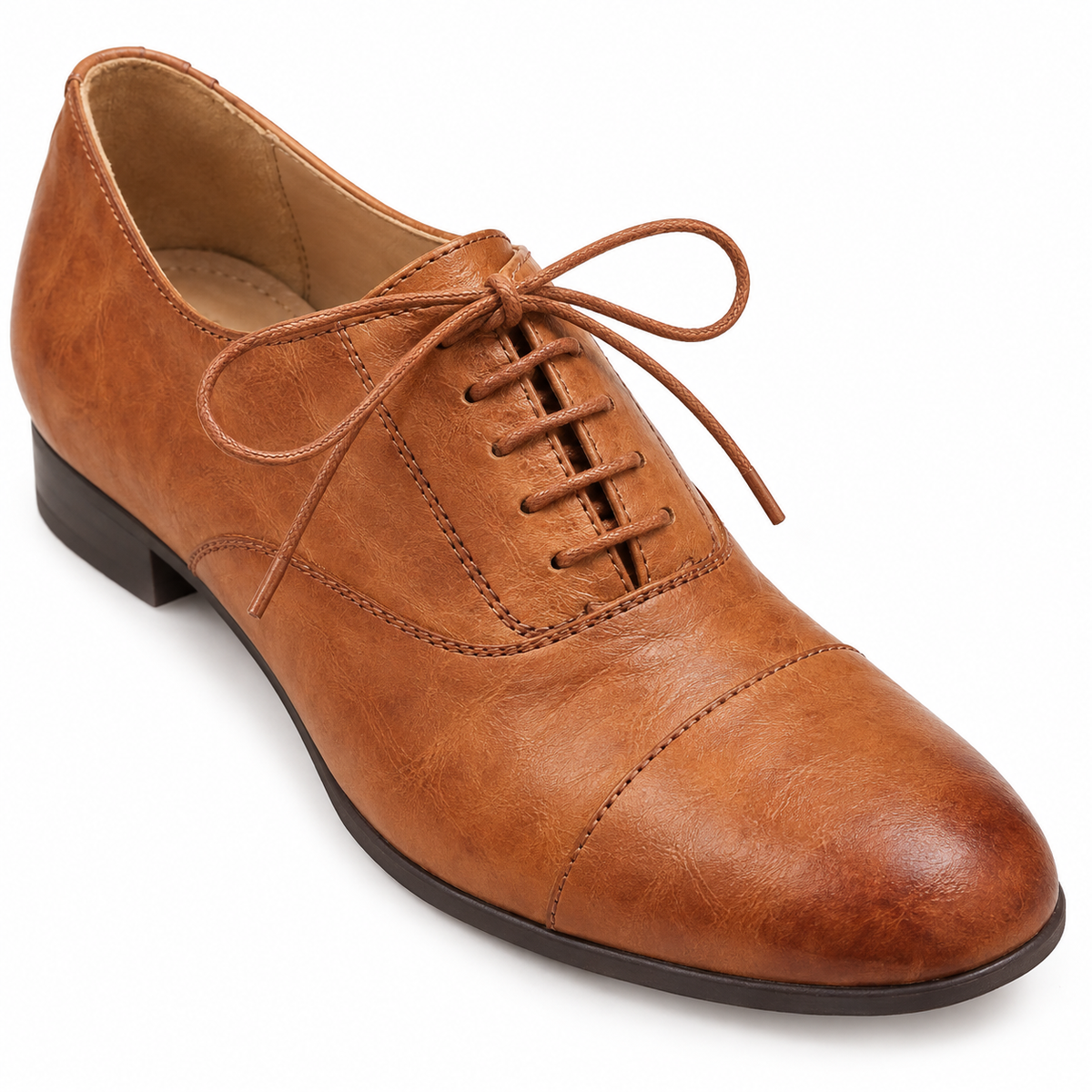 Audrey Cap-Toe Leather Oxford Flats - Caramel, cap toe and lacing close-up