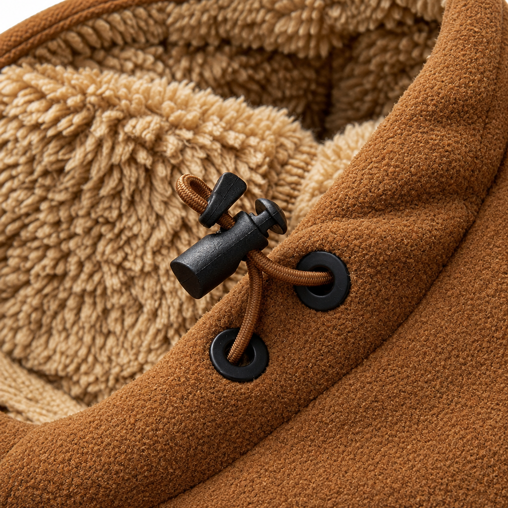 Brody Sherpa-Lined Hooded Fleece Jacket - Caramel, hood toggle and sherpa lining close-up