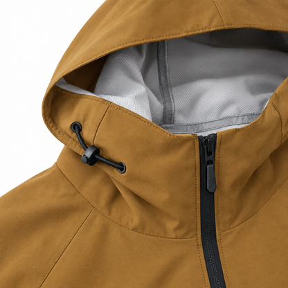 Weston Hooded Rain Jacket - Caramel, hood, drawcord and zip close-up