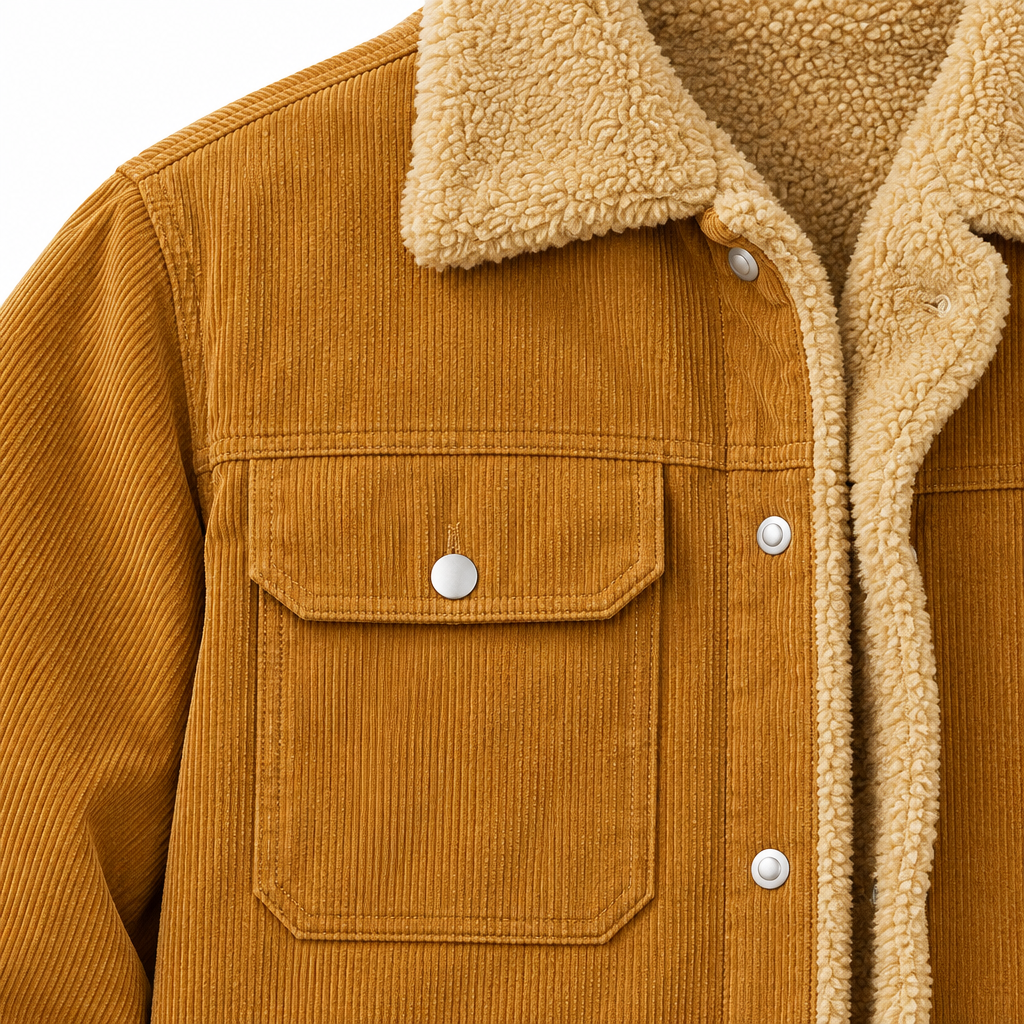 Colton Sherpa-Collar Corduroy Jacket - Caramel, chest pocket and sherpa collar close-up