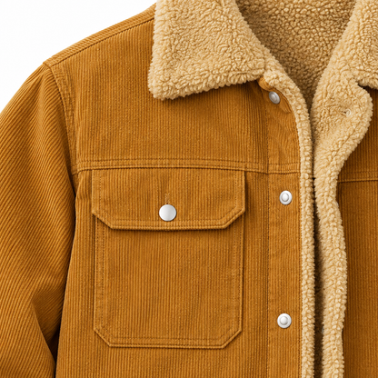 Colton Sherpa-Collar Corduroy Jacket - Caramel, chest pocket and sherpa collar close-up