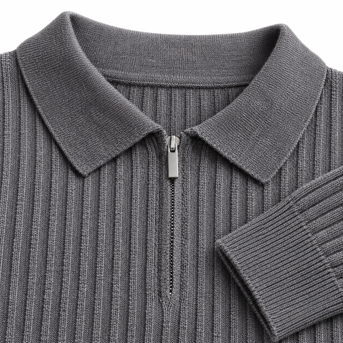 Bennett Ribbed Half-Zip Knit Polo - Charcoal, polo collar, half-zip and rib knit close-up