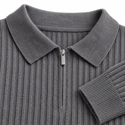 Bennett Ribbed Half-Zip Knit Polo - Charcoal, polo collar, half-zip and rib knit close-up