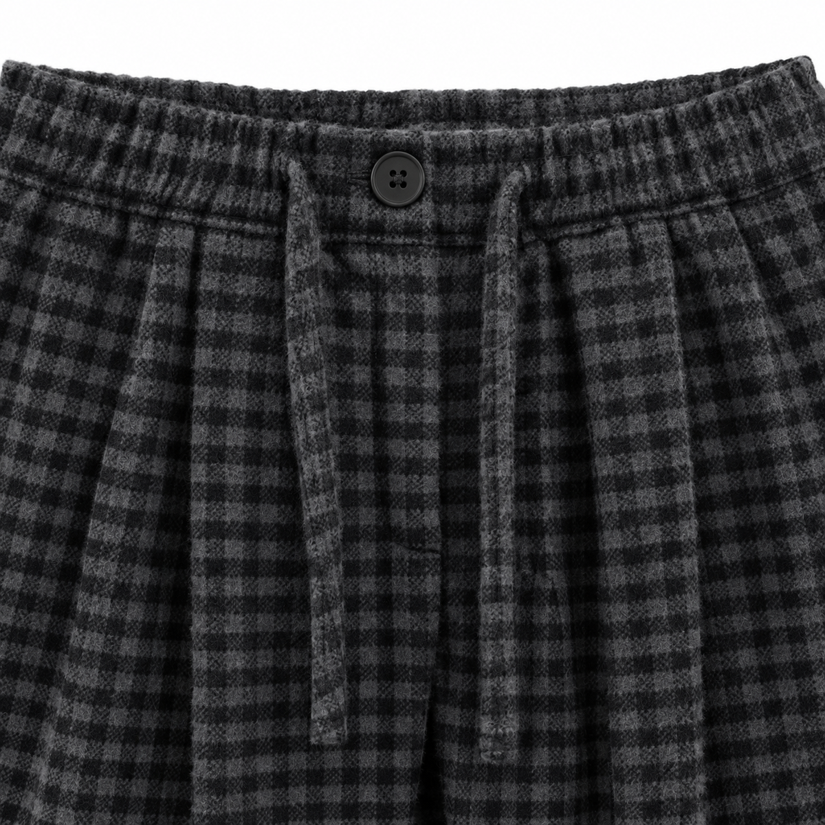 Holly Fleece-Lined Gingham Wide-Leg Pants - Charcoal Check, button waistband and drawstring close-up