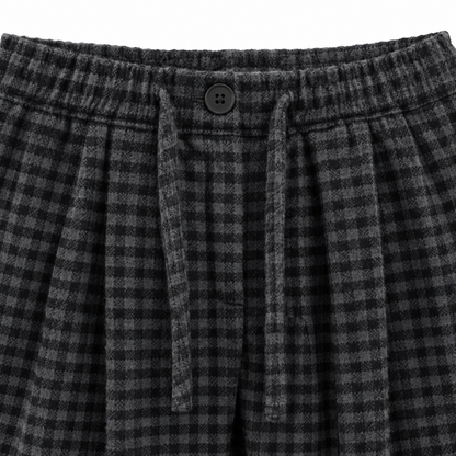 Holly Fleece-Lined Gingham Wide-Leg Pants - Charcoal Check, button waistband and drawstring close-up