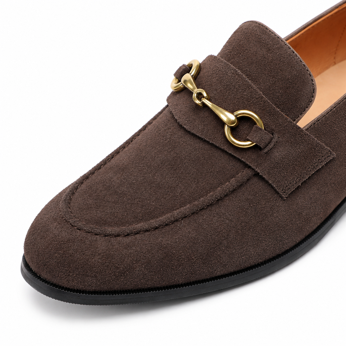 Miles Suede Horsebit Loafers - Chocolate, horsebit and apron toe close-up