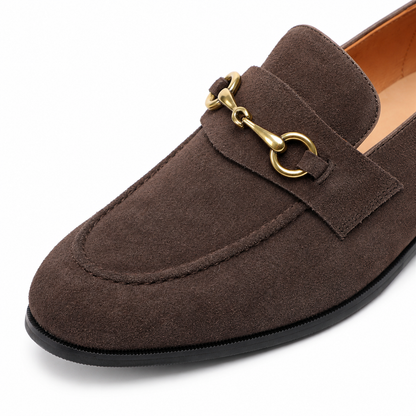Miles Suede Horsebit Loafers - Chocolate, horsebit and apron toe close-up