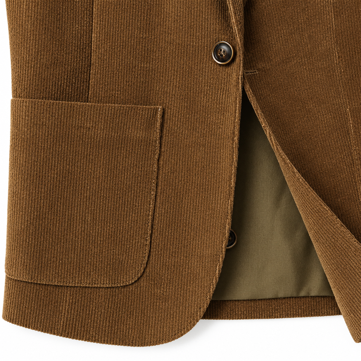 Jameson Corduroy Two-Button Blazer - Coffee, patch pocket and button close-up