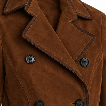 Kendall Suede-Look Double-Breasted Coat - Coffee, lapel and button close-up