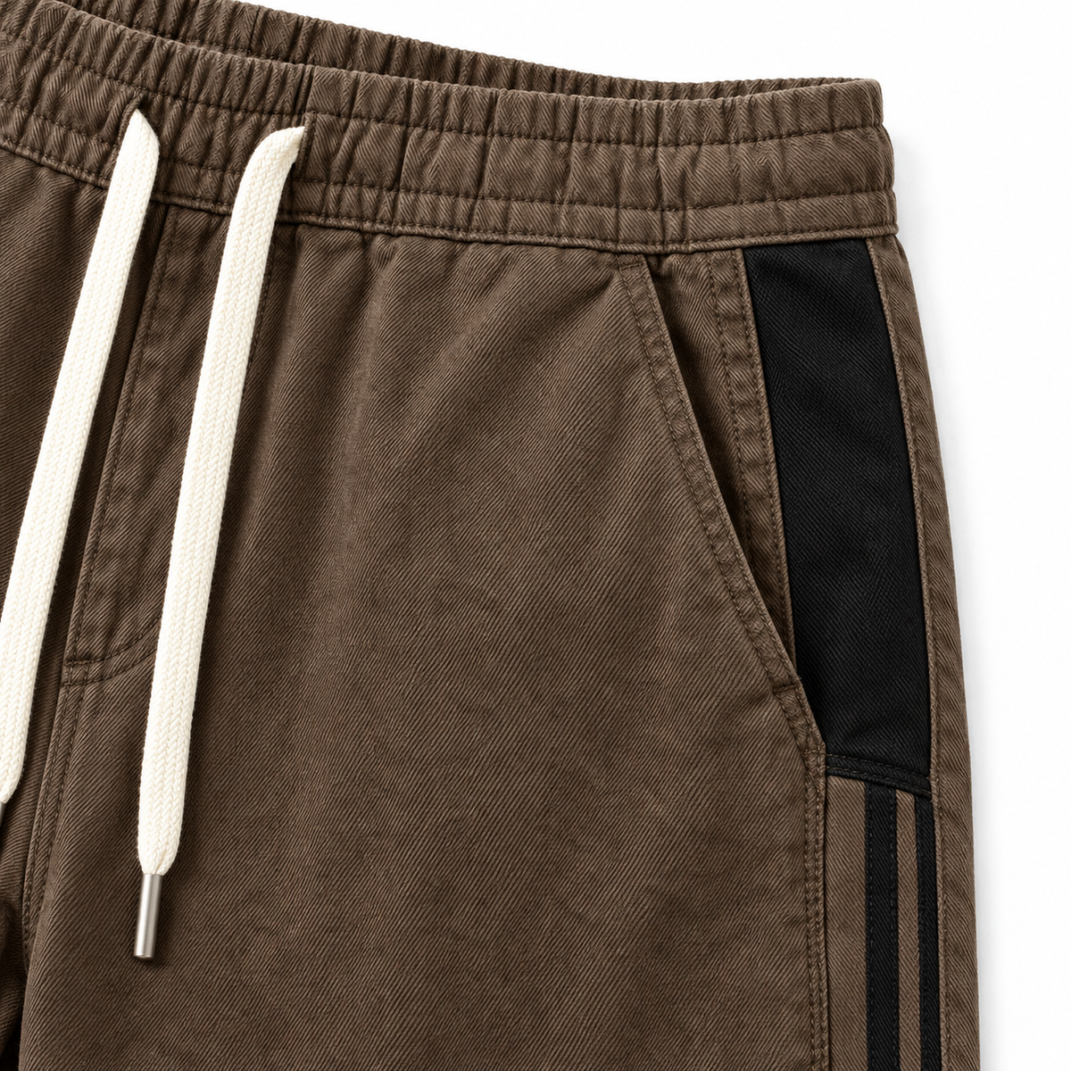 Trevor Side-Panel Drawstring Pants - Coffee, waistband, drawstring and side-panel close-up