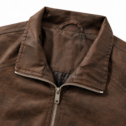 Brandon Waxed-Finish Zip Jacket - Coffee, stand collar and zip close-up
