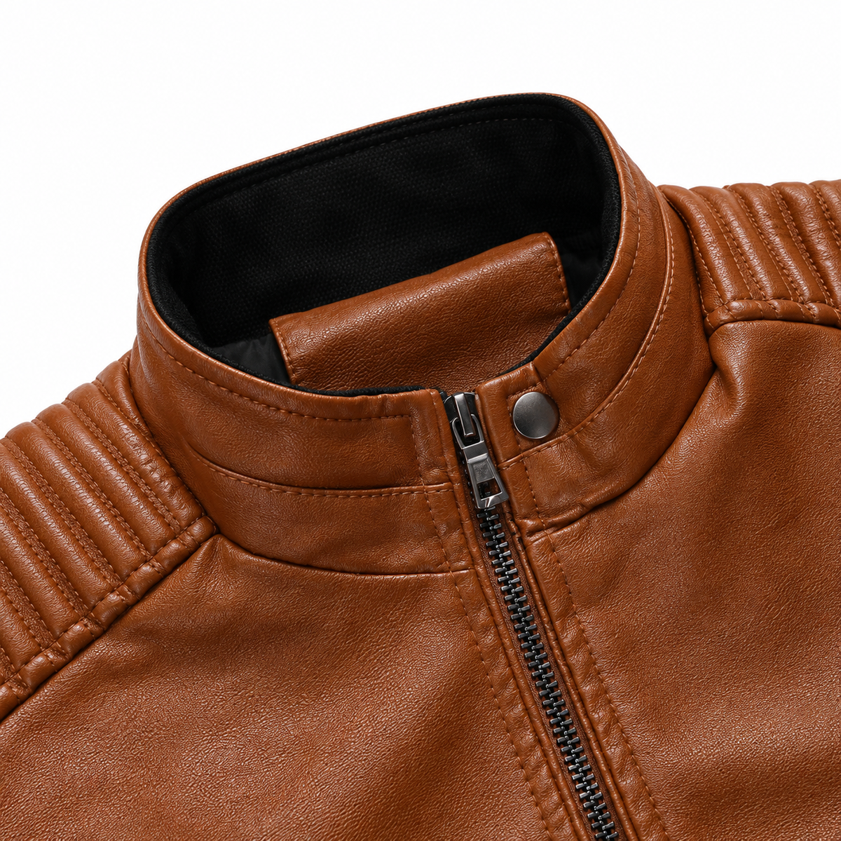 Bryce Quilted-Shoulder Faux-Leather Jacket - Cognac, collar and quilted shoulder close-up