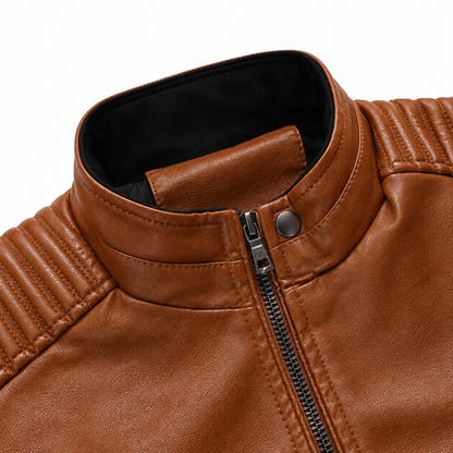 Bryce Quilted-Shoulder Faux-Leather Jacket - Cognac, collar and quilted shoulder close-up