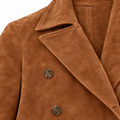 Spencer Suede-Look Double-Breasted Jacket - Cognac, lapel and button close-up