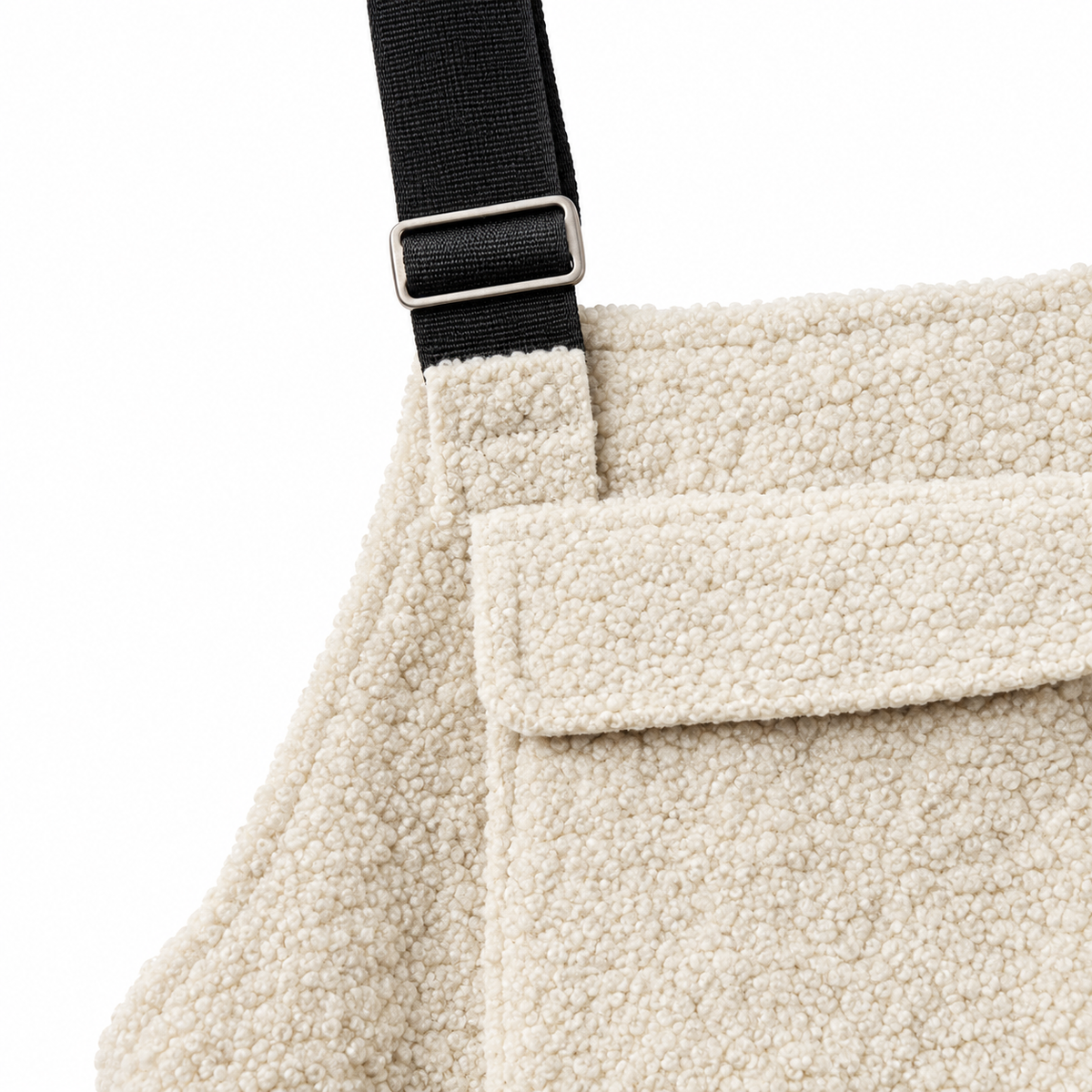 Clay Sherpa Fleece Bib Overalls - Cream, bib pocket and strap close-up