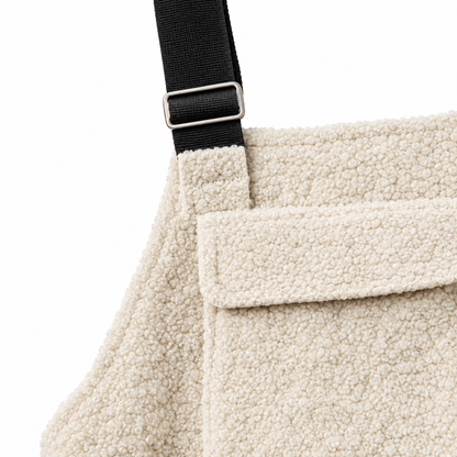 Clay Sherpa Fleece Bib Overalls - Cream, bib pocket and strap close-up