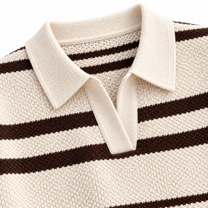 George Striped Knit Polo Sweater - Cream & Brown, collar and textured knit close-up
