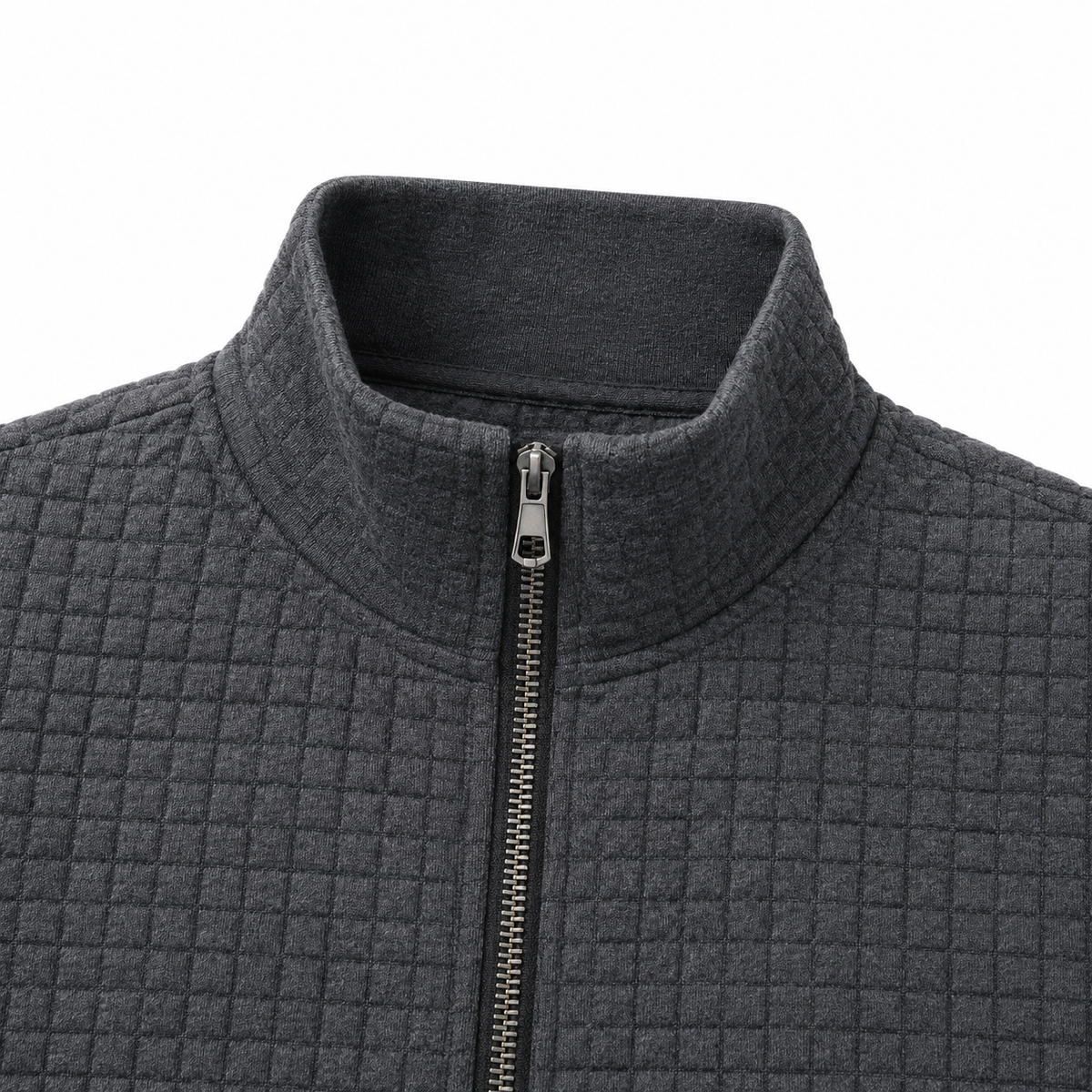 Nolan Grid-Quilted Zip Jacket - Charcoal Gray, stand collar, zip and grid-quilted texture close-up