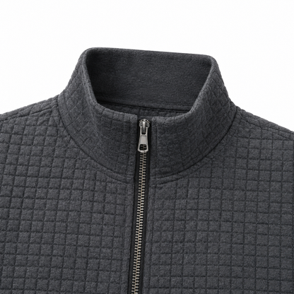 Nolan Grid-Quilted Zip Jacket - Charcoal Gray, stand collar, zip and grid-quilted texture close-up