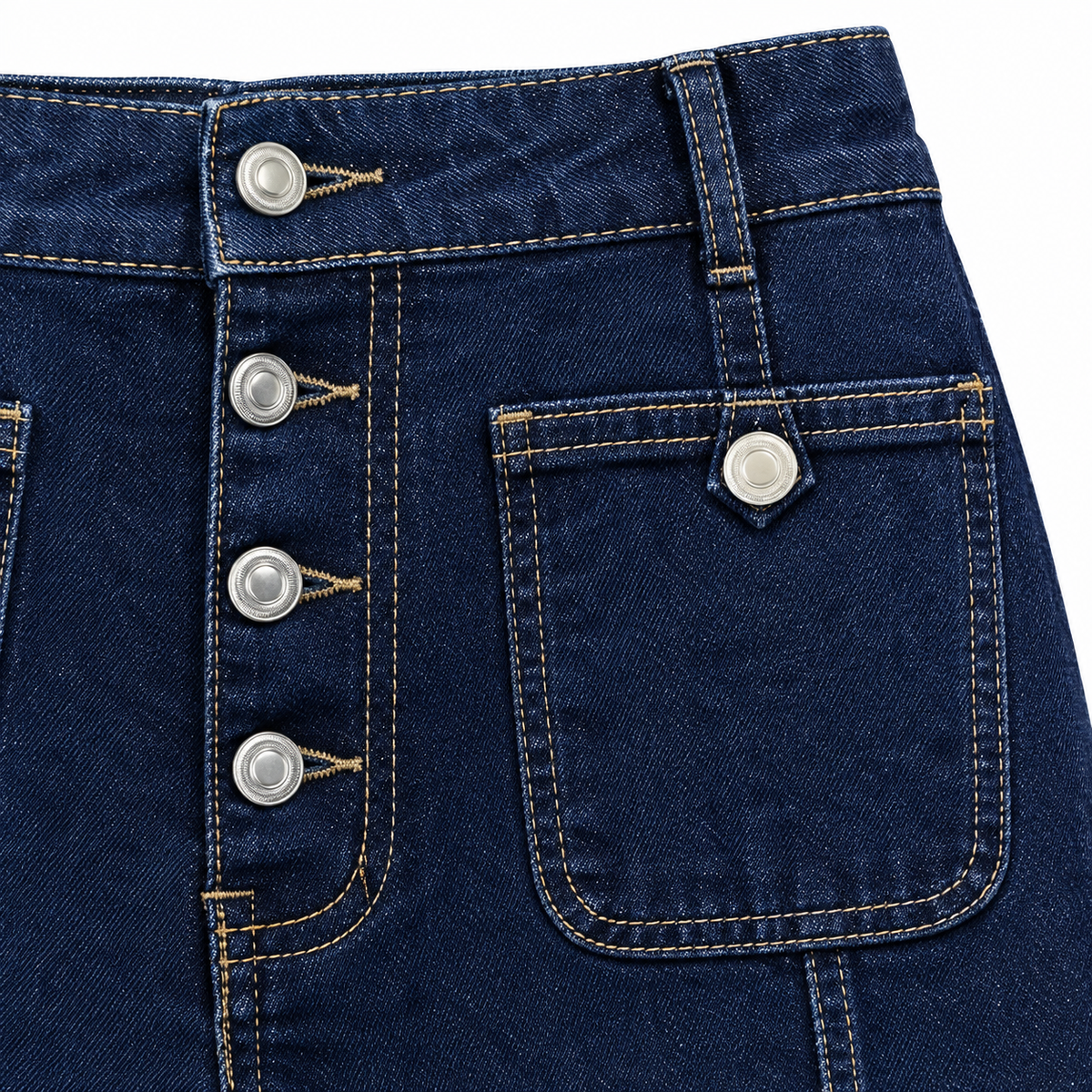 Jessica Button-Front Flare Jeans - Dark Blue, button fly and patch pocket close-up