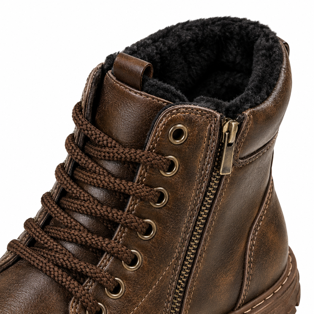 Chase Plush-Lined Lace-Up Boots - Dark Brown, plush-lined collar, eyelets and side zip close-up