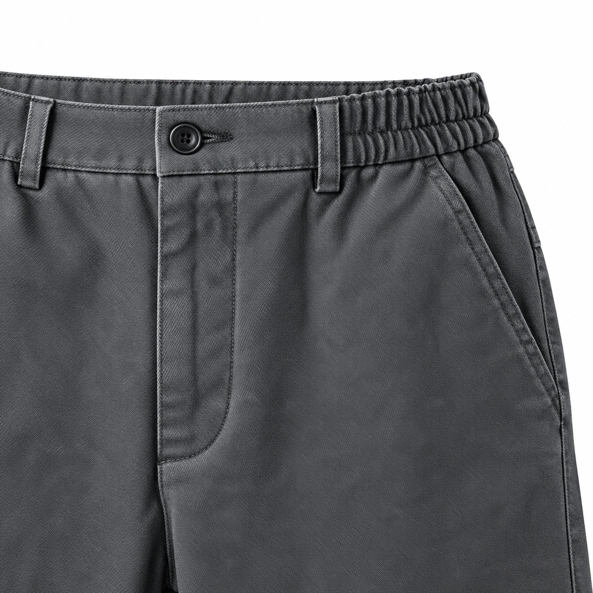 Owen Washed Cotton Work Pants - Dark Gray, waistband, button fly and pocket close-up