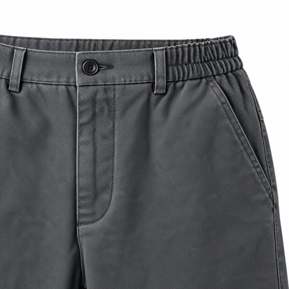 Owen Washed Cotton Work Pants - Dark Gray, waistband, button fly and pocket close-up