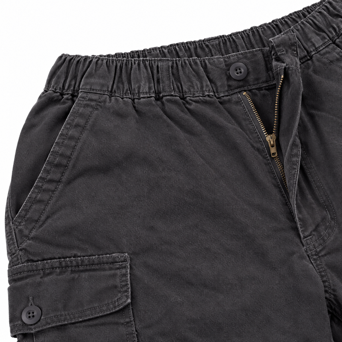 Tucker Cotton Cargo Pants - Charcoal, elastic waistband, zip fly and cargo pocket close-up