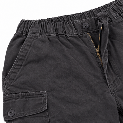 Tucker Cotton Cargo Pants - Charcoal, elastic waistband, zip fly and cargo pocket close-up