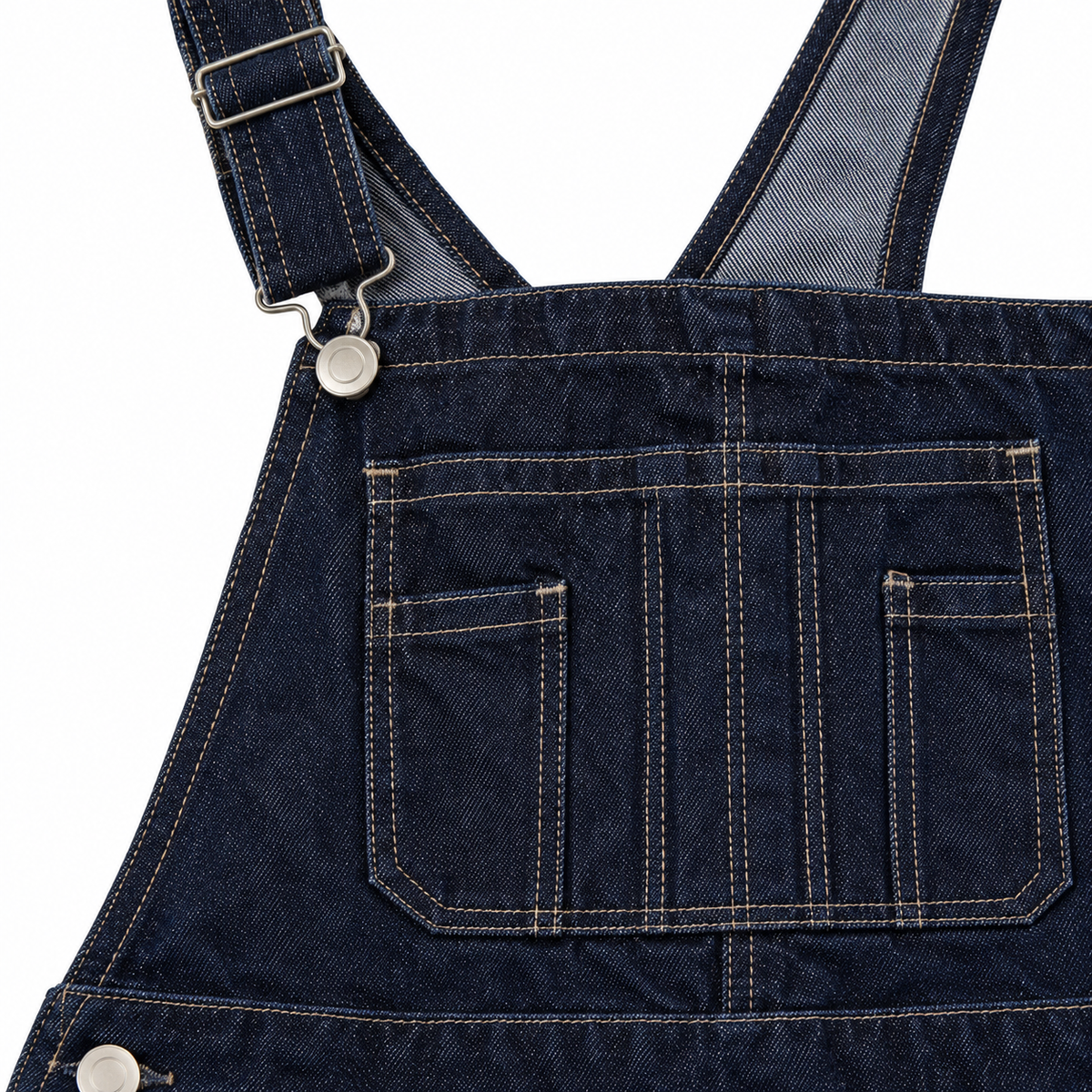 Hank Rinse Denim Bib Overalls - Dark Indigo, bib pocket and strap clip close-up
