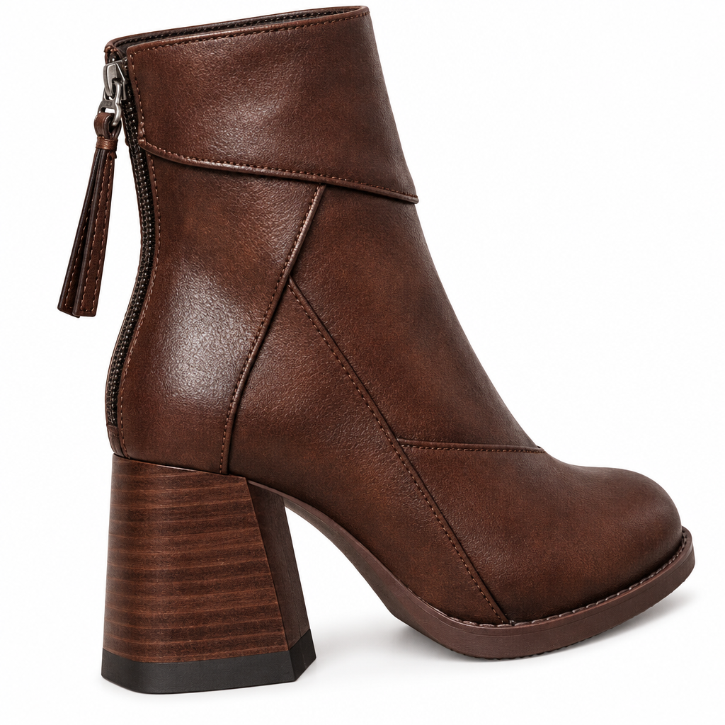 Erin Paneled Block-Heel Ankle Boots - Espresso, fold-over collar, back zip and stacked heel close-up