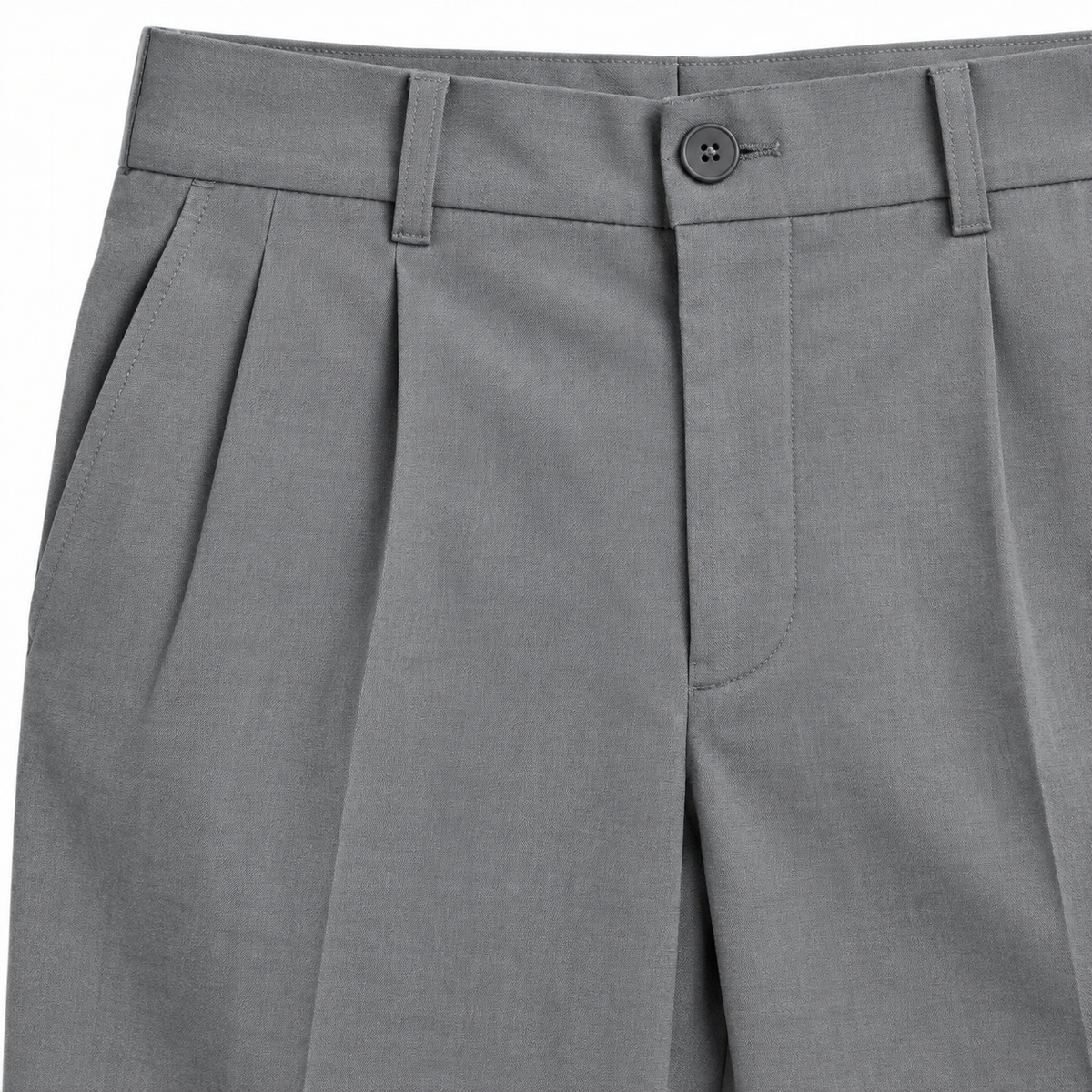 Mitchell Pleated Slim Dress Pants - Gray, waistband, button and front pleat close-up