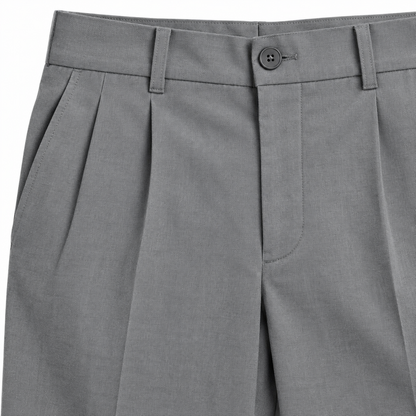 Mitchell Pleated Slim Dress Pants - Gray, waistband, button and front pleat close-up