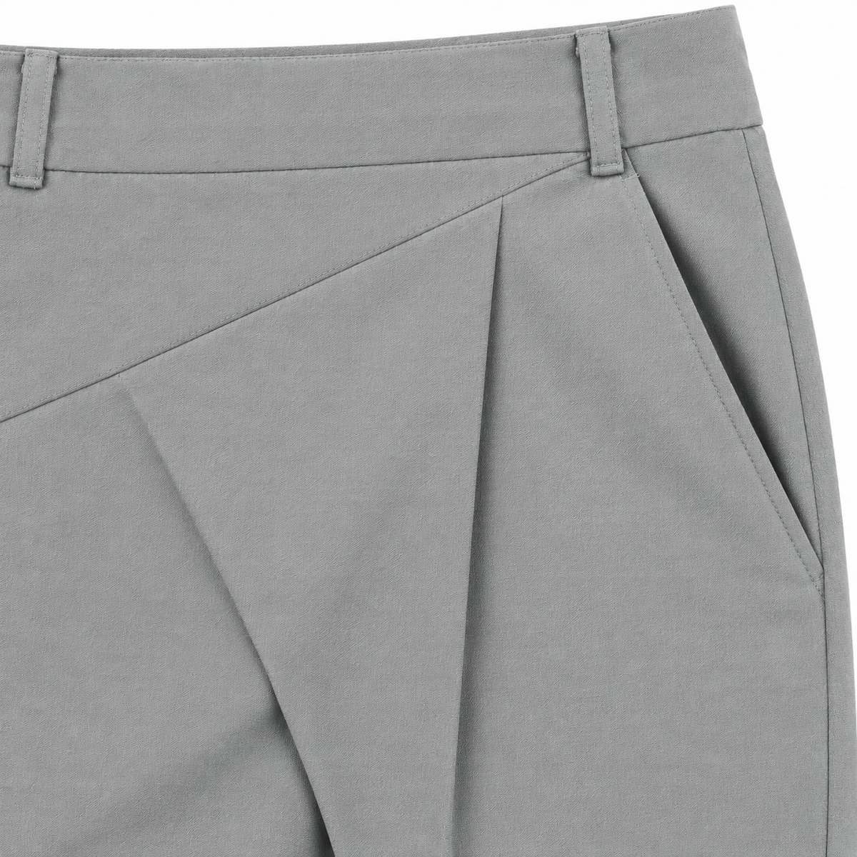 Claire Crossover Pleated Trousers - Gray, waistband and crossover panel close-up
