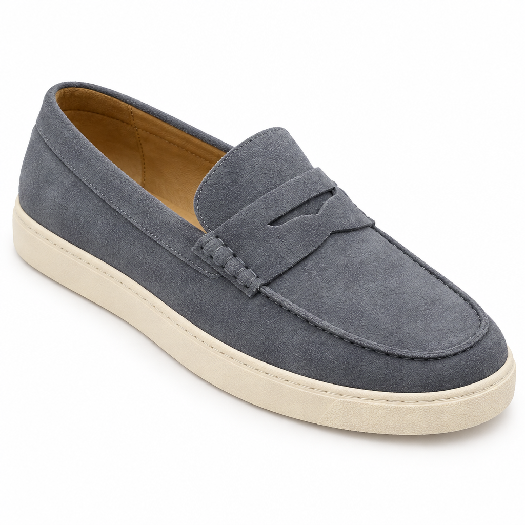 Carter Suede Cupsole Penny Loafers - Gray, suede and penny strap close-up