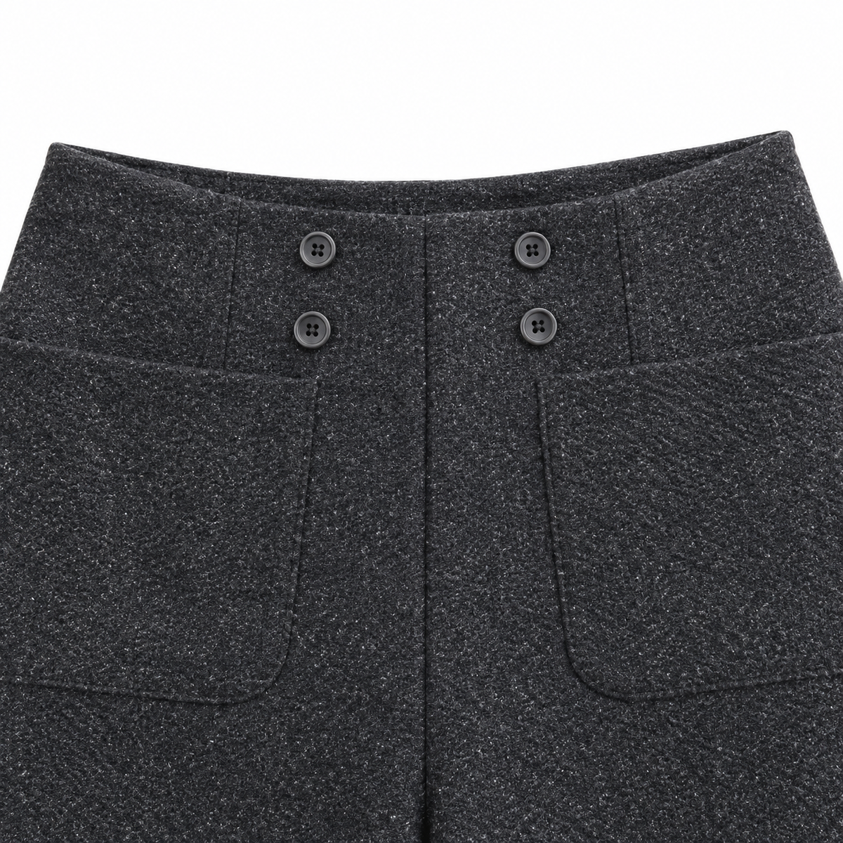 Lauren Fleece-Lined Bootcut Trousers - Charcoal Gray, button front and heathered fabric close-up