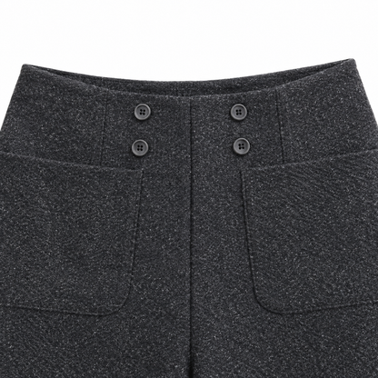 Lauren Fleece-Lined Bootcut Trousers - Charcoal Gray, button front and heathered fabric close-up