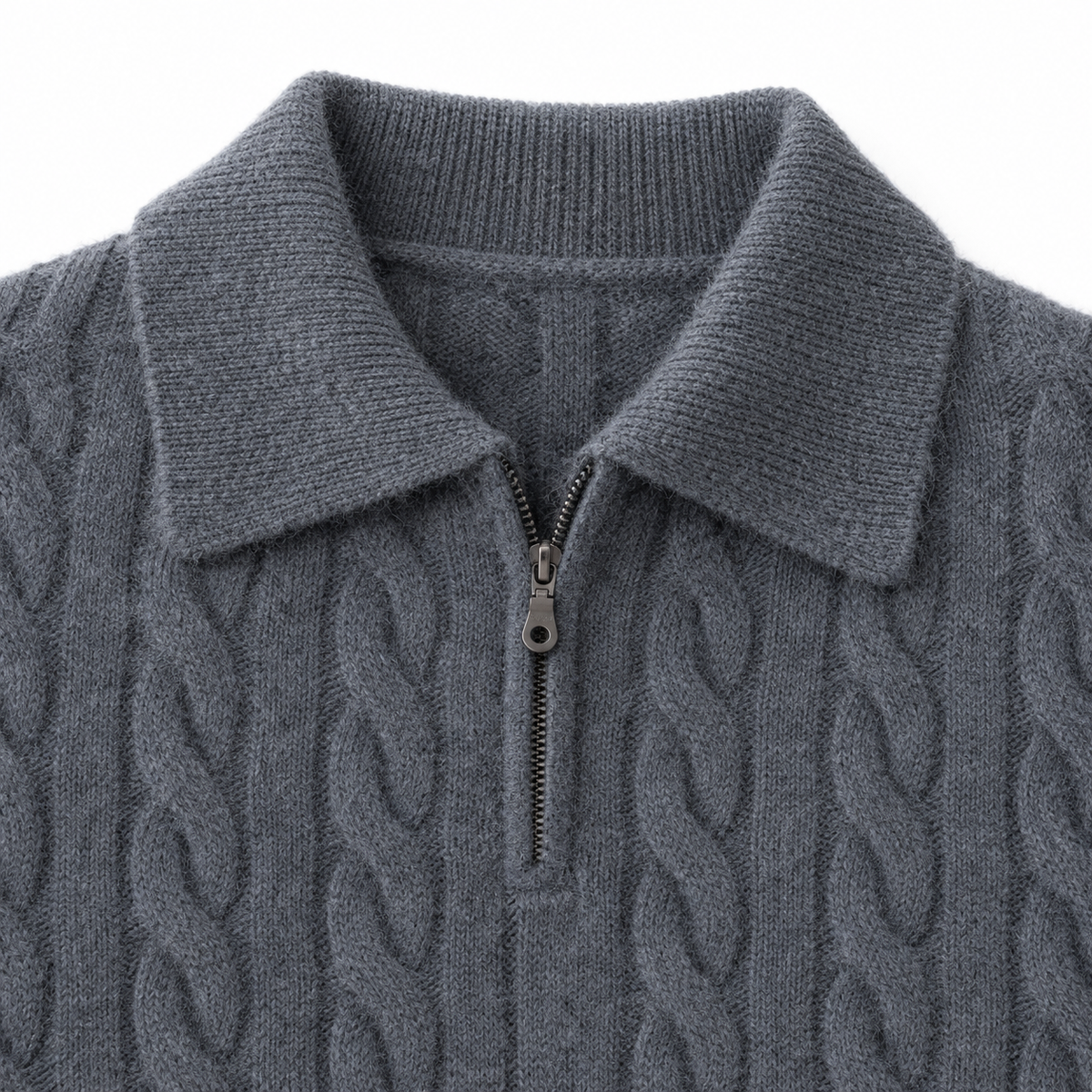 Henry Cable-Knit Zip Polo - Gray, collar, zip and cable knit close-up