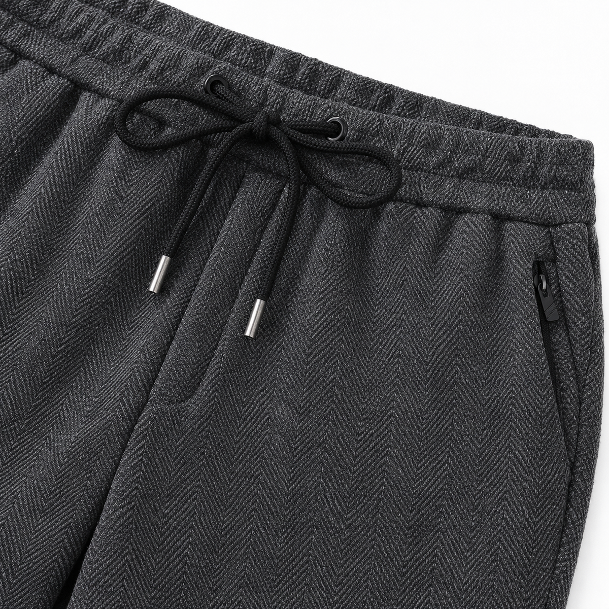 Ethan Herringbone Drawstring Trousers - Smoke Gray, drawstring waistband and zip pocket close-up