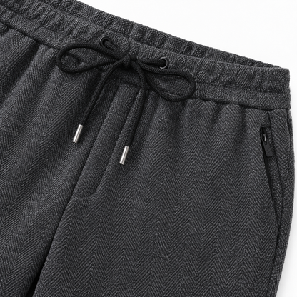 Ethan Herringbone Drawstring Trousers - Smoke Gray, drawstring waistband and zip pocket close-up