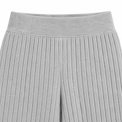 Ruby Rib-Knit Wide-Leg Pants - Light Gray, elastic waistband and rib-knit close-up