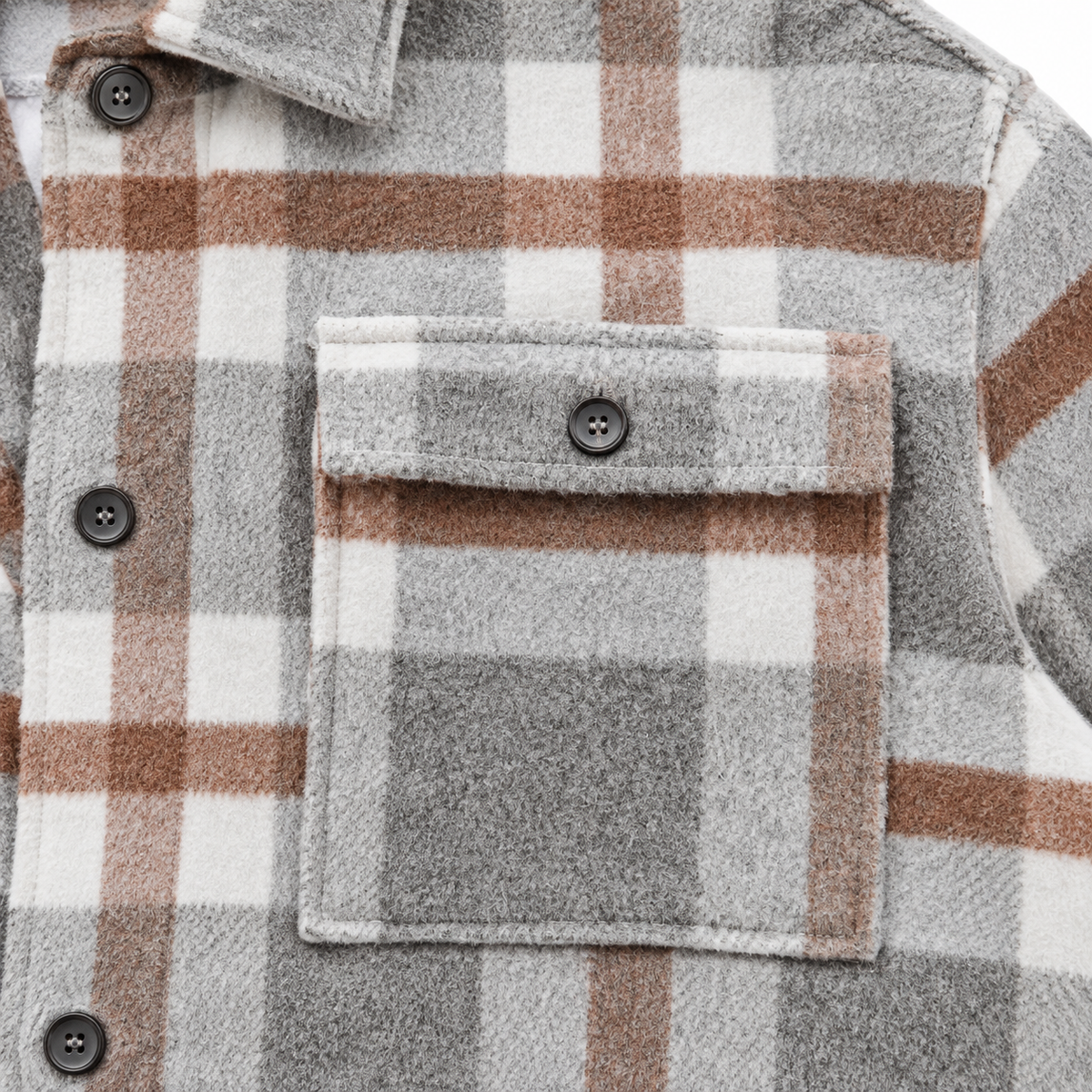 Lily Brushed Plaid Shirt Jacket - Light Gray, flap chest pocket and brushed fabric close-up