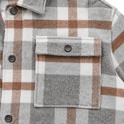 Lily Brushed Plaid Shirt Jacket - Light Gray, flap chest pocket and brushed fabric close-up