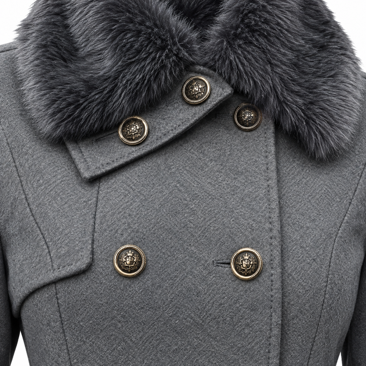 Caroline Fur-Collar Peplum Coat - Gray, fur collar and button close-up