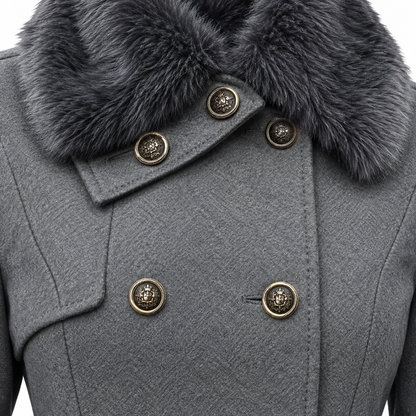 Caroline Fur-Collar Peplum Coat - Gray, fur collar and button close-up