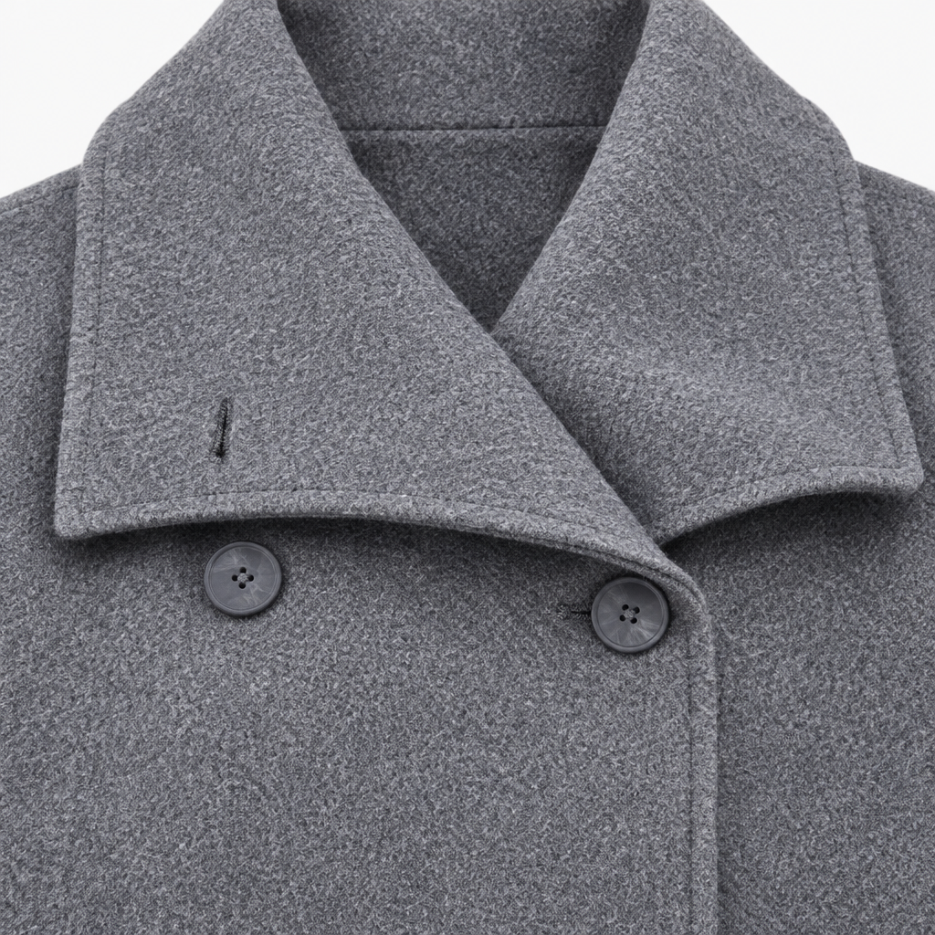 Sarah Wide-Collar Cropped Coat - Dark Gray, collar and button close-up