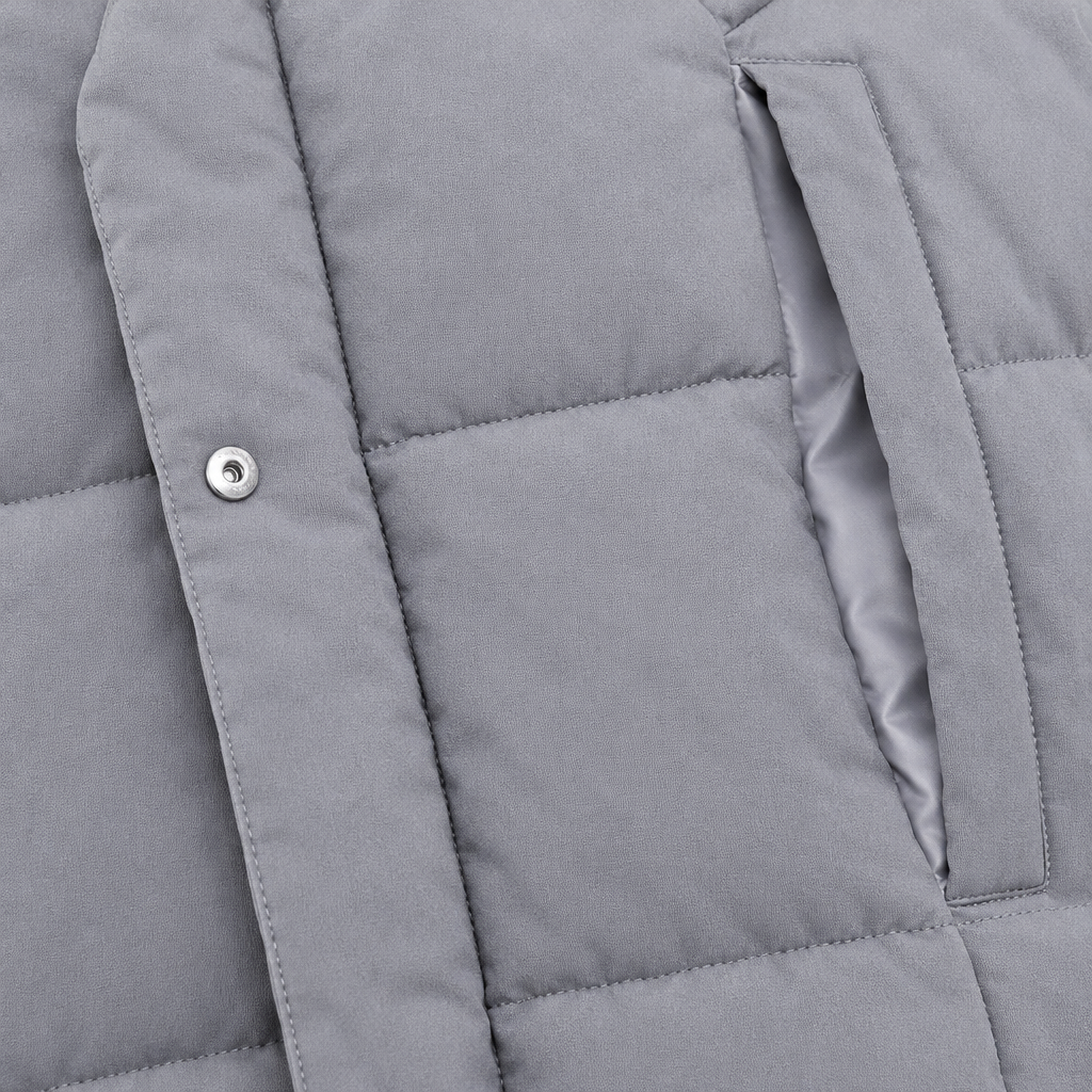 Megan Wrap-Collar Puffer Coat - Gray, snap front, quilting and pocket close-up