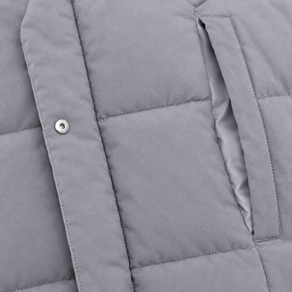 Megan Wrap-Collar Puffer Coat - Gray, snap front, quilting and pocket close-up